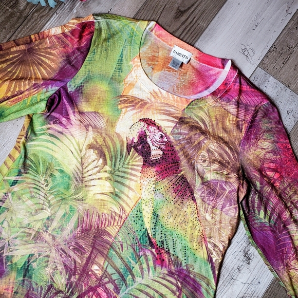 CHICO'S Tropical Paradise Parrot Rhinestone Sparkle 3/4 Sleeve Blouse Size 0 EUC - Picture 12 of 16